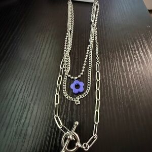 FULL TILT 3 LAYER SILVER TONE WITH PURPLE FLOWER NECKLACE